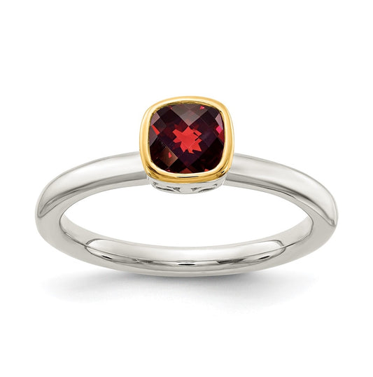 Shey Couture Sterling Silver Rhodium plated with 14K Accent Polished Cushion-cut Garnet Ring, Size 8
