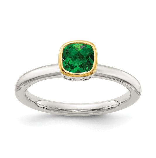 Shey Couture Sterling Silver Rhodium plated with 14K Accent Polished Cushion-cut Created Emerald Ring, Size 6