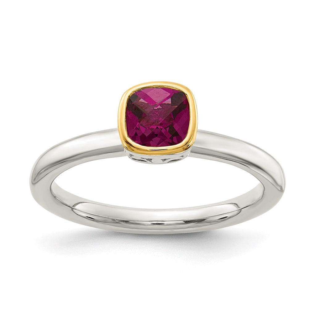 Shey Couture Sterling Silver Rhodium plated with 14K Accent Polished Cushion-cut Rhodolite Garnet Ring, Size 8