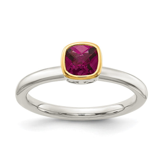 Shey Couture Sterling Silver Rhodium plated with 14K Accent Polished Cushion-cut Rhodolite Garnet Ring, Size 8