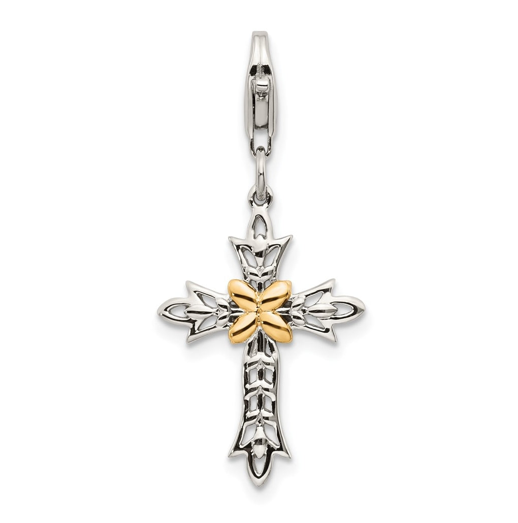 Sterling Silver w/14K Yellow Gold 3-D Antiqued Cross w/Lobster Clasp Charm – Elegant Jewelry Gift for Birthday, Anniversary, Engagement, Wedding