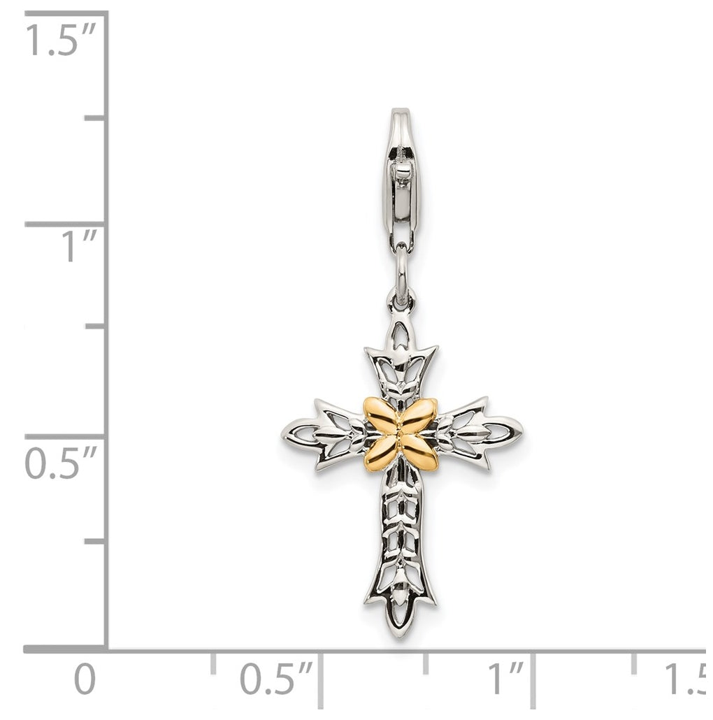 Sterling Silver w/14K Yellow Gold 3-D Antiqued Cross w/Lobster Clasp Charm – Elegant Jewelry Gift for Birthday, Anniversary, Engagement, Wedding