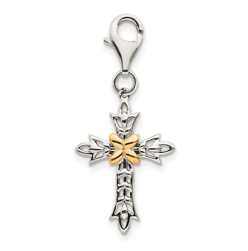 Sterling Silver w/14K Yellow Gold 3-D Antiqued Cross w/Lobster Clasp Charm – Elegant Jewelry Gift for Birthday, Anniversary, Engagement, Wedding