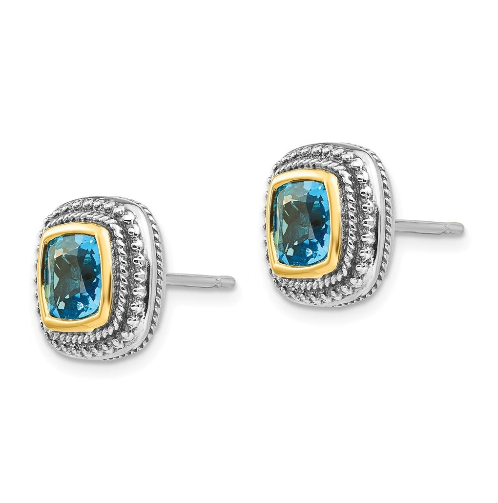 Sterling Silver Antiqued w/14K Yellow Gold Blue Topaz Earrings – Elegant Jewelry Gift for Birthday, Anniversary, Engagement, Wedding