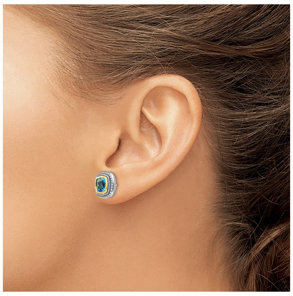 Sterling Silver Antiqued w/14K Yellow Gold Blue Topaz Earrings – Elegant Jewelry Gift for Birthday, Anniversary, Engagement, Wedding