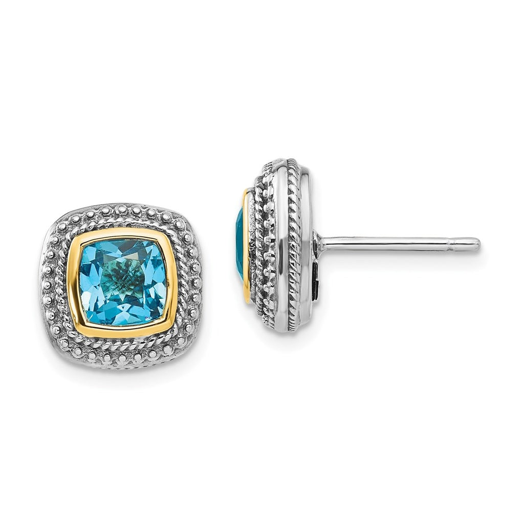 Sterling Silver Antiqued w/14K Yellow Gold Blue Topaz Earrings – Elegant Jewelry Gift for Birthday, Anniversary, Engagement, Wedding