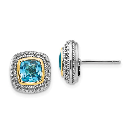 Sterling Silver Antiqued w/14K Yellow Gold Blue Topaz Earrings – Elegant Jewelry Gift for Birthday, Anniversary, Engagement, Wedding
