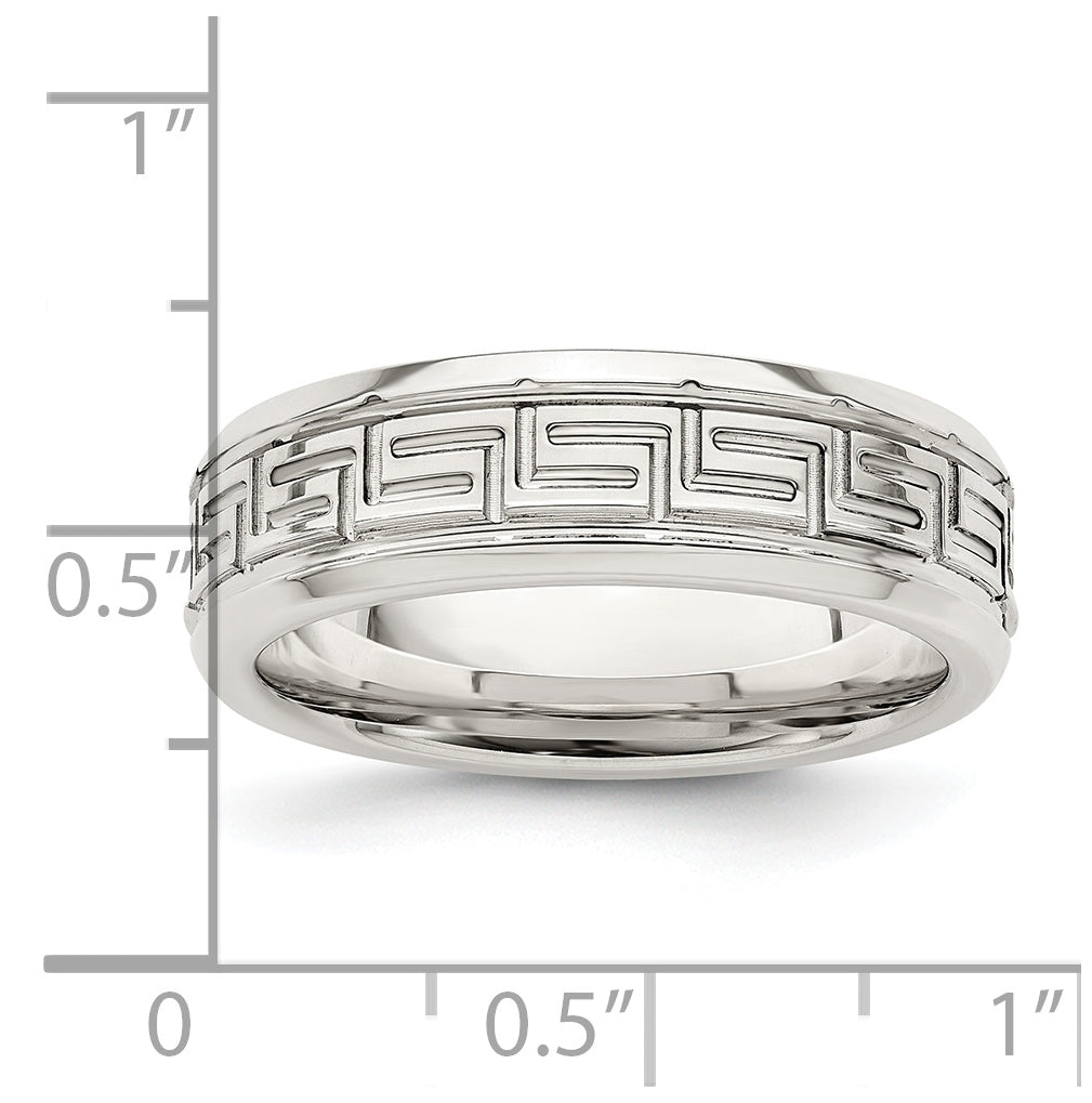 Sterling Silver 6mm Polished Flat Greek Key Design Beveled Edge Fancy Band Size 13
