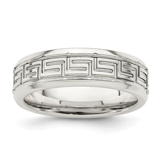 Sterling Silver 6mm Polished Flat Greek Key Design Beveled Edge Fancy Band Size 8