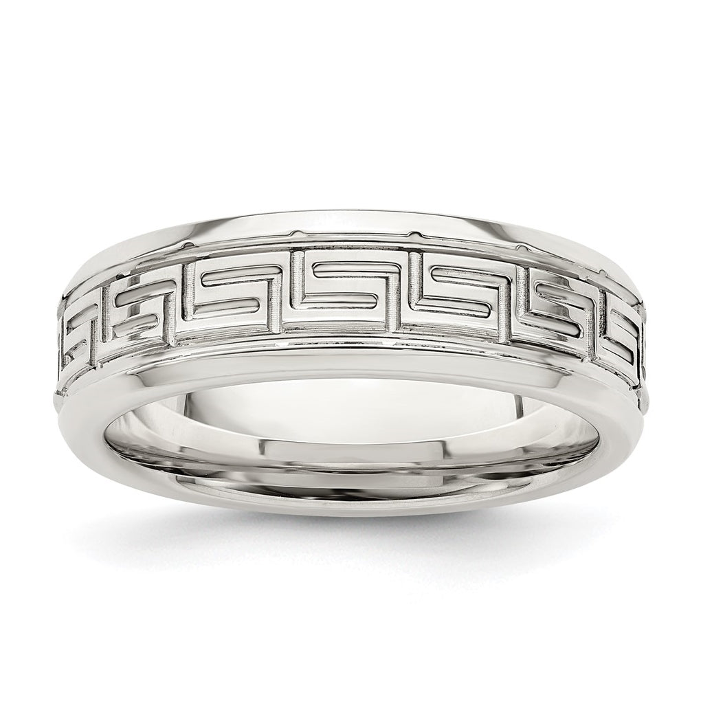 Sterling Silver 6mm Polished Flat Greek Key Design Beveled Edge Fancy Band Size 13