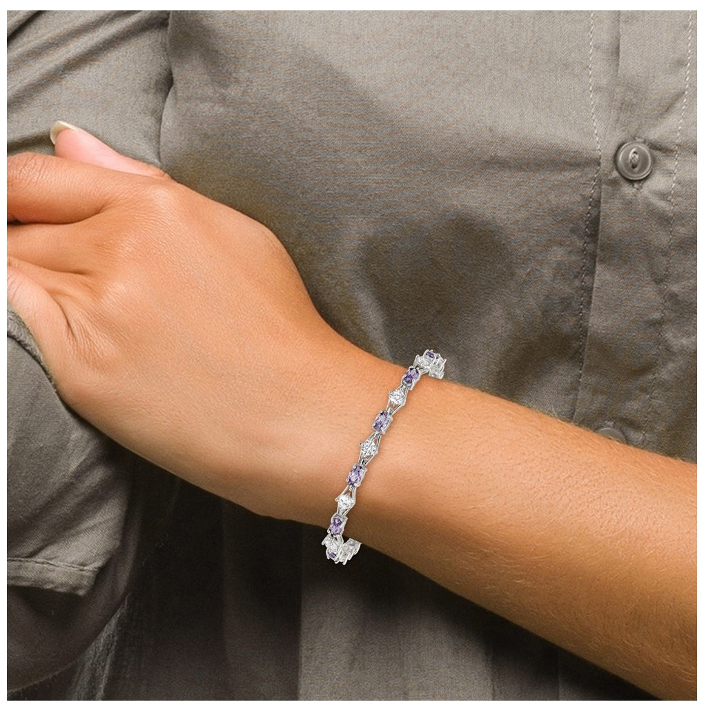 Sterling Silver Rhodium-plated Purple and Clear Cubic Zirconia Bracelet – Elegant Jewelry Gift for Birthday, Anniversary, Engagement, Wedding