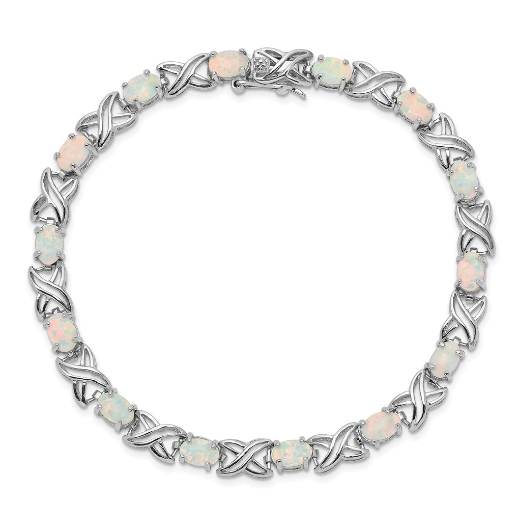 Sterling Silver Rhodium Plated 8.5 inch Created Opal XO Bracelet – Elegant Jewelry Gift for Birthday, Anniversary, Engagement, Wedding