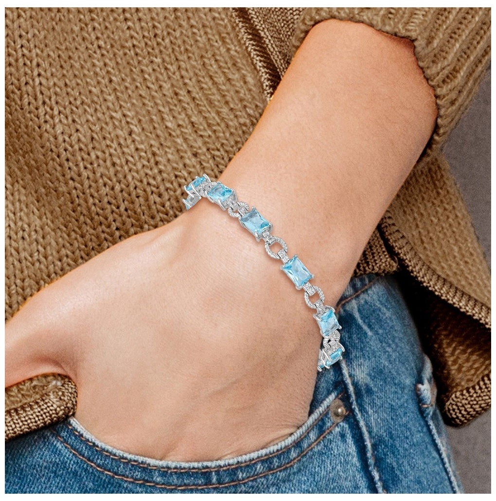 Sterling Silver Rhodium-plated Blue and Clear Cubic Zirconia Bracelet – Elegant Jewelry Gift for Birthday, Anniversary, Engagement, Wedding