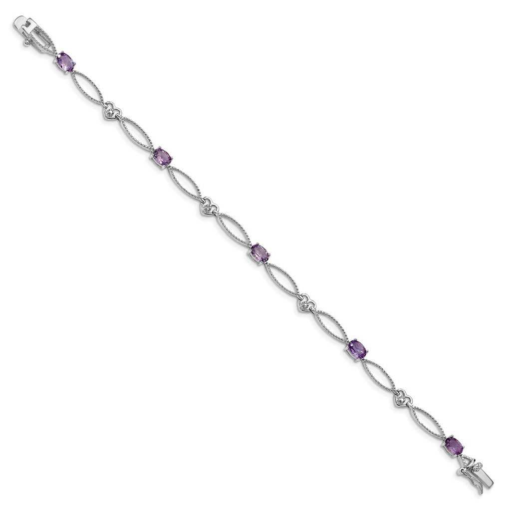 Sterling Silver Rhodium-plated Diamond & Amethyst Oval Diamond Cut Bracelet – Elegant Jewelry Gift for Birthday, Anniversary, Engagement, Wedding
