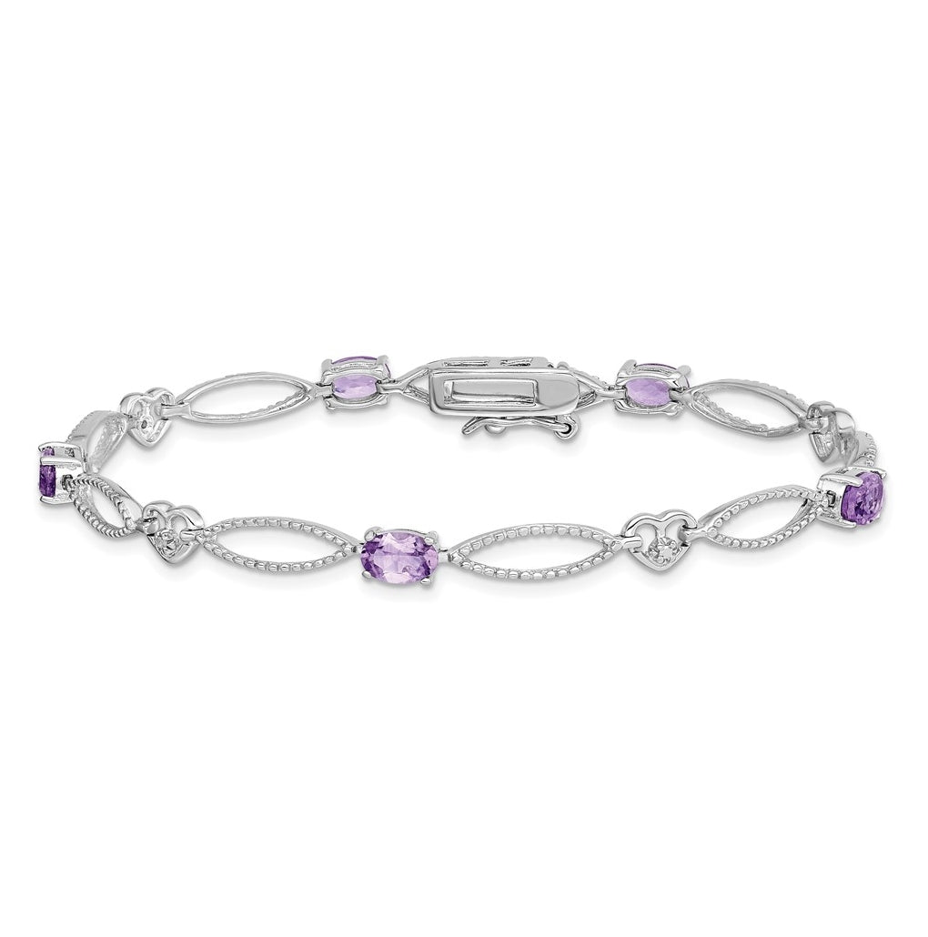 Sterling Silver Rhodium-plated Diamond & Amethyst Oval Diamond Cut Bracelet – Elegant Jewelry Gift for Birthday, Anniversary, Engagement, Wedding