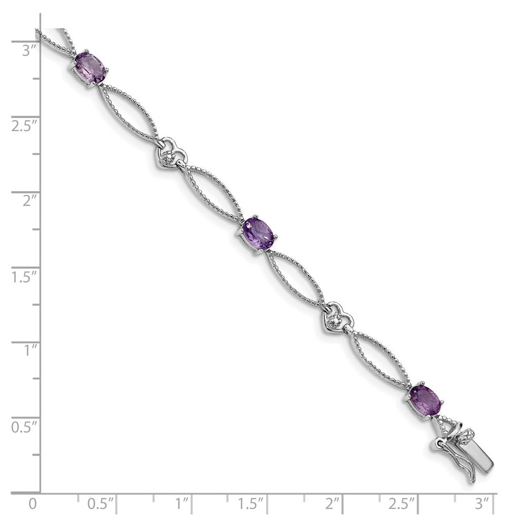 Sterling Silver Rhodium-plated Diamond & Amethyst Oval Diamond Cut Bracelet – Elegant Jewelry Gift for Birthday, Anniversary, Engagement, Wedding