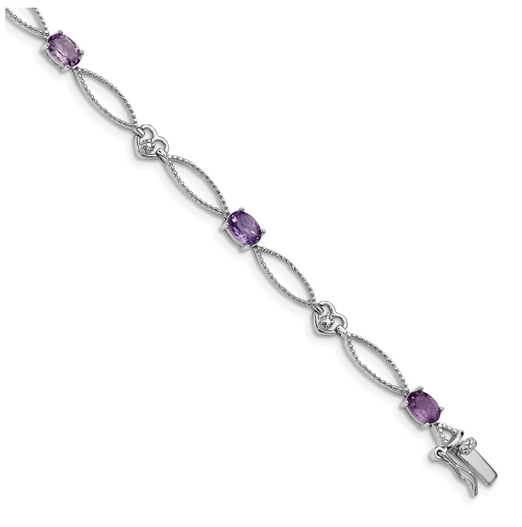 Sterling Silver Rhodium-plated Diamond & Amethyst Oval Diamond Cut Bracelet – Elegant Jewelry Gift for Birthday, Anniversary, Engagement, Wedding