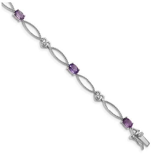 Sterling Silver Rhodium-plated Diamond & Amethyst Oval Diamond Cut Bracelet – Elegant Jewelry Gift for Birthday, Anniversary, Engagement, Wedding