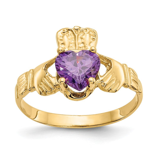 14K Yellow Gold February Cubic Zirconia Birthstone Claddagh Ring