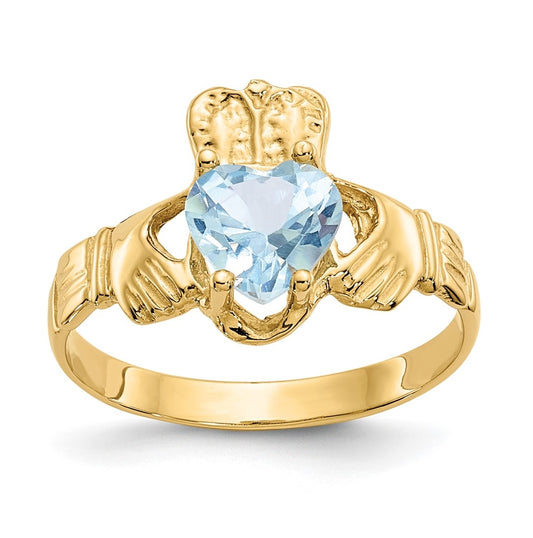 14K Yellow Gold March Cubic Zirconia Birthstone Claddagh Ring