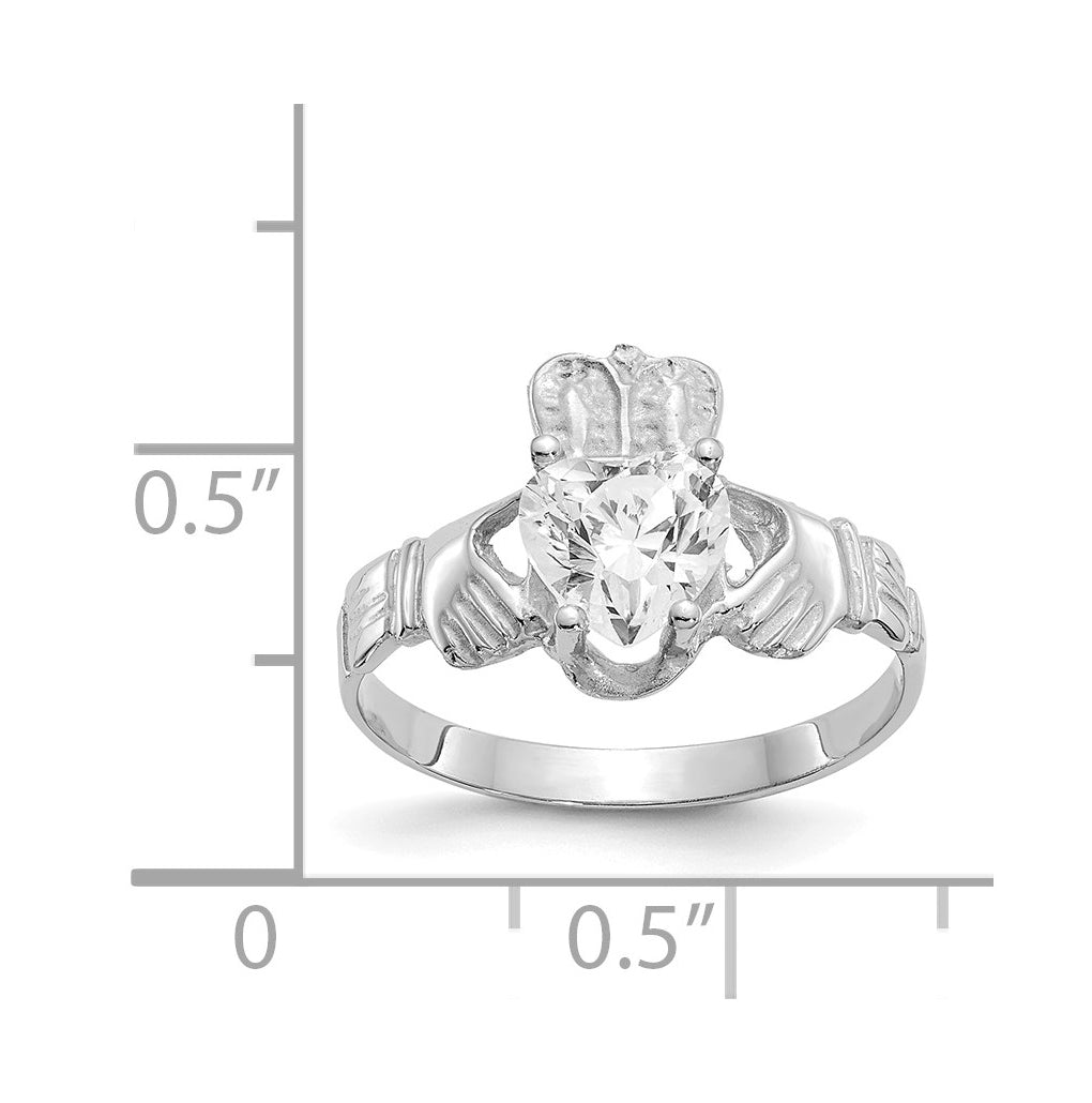 14k White Gold April Cubic Zirconia Heart Birthstone Claddagh Ring