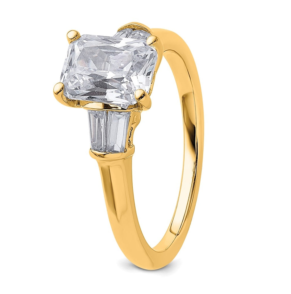 14k Yellow Gold 1 7/8 carat Certified Lab Grown Diamond VS+ F+ Radiant with Tapered Baguette Complete Three Stone Engagement Ring