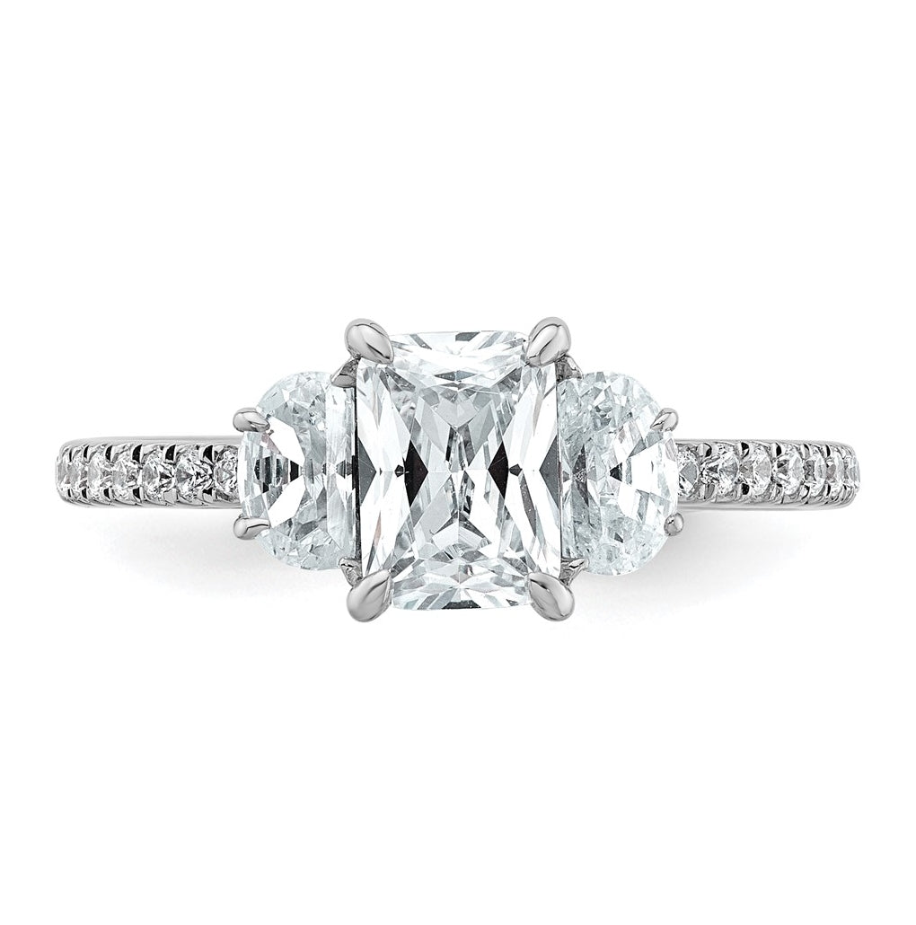 14k White Gold 1 5/8 carat Certified Lab Grown Diamond VS+ F+ Radiant with Half Moon Complete Three Stone Engagement Ring