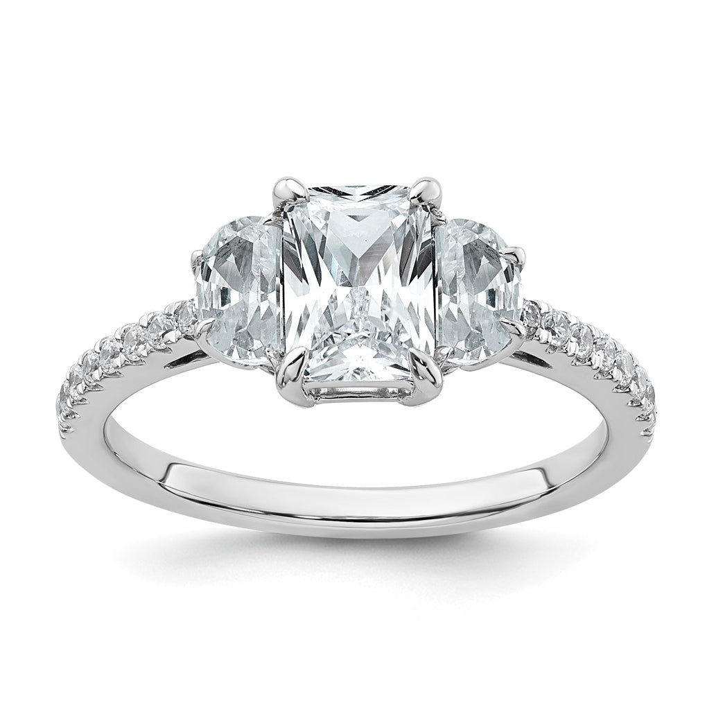 14k White Gold 1 5/8 carat Certified Lab Grown Diamond VS+ F+ Radiant with Half Moon Complete Three Stone Engagement Ring