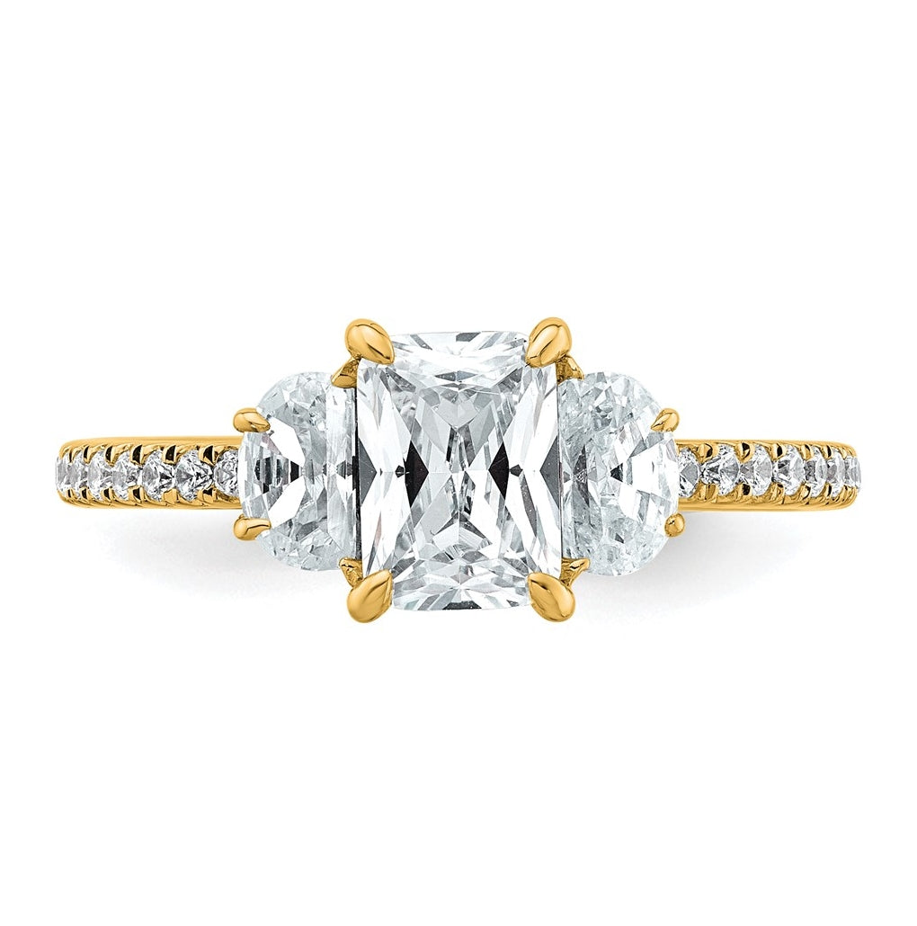 14k Yellow Gold 1 5/8 carat Certified Lab Grown Diamond VS+ F+ Radiant with Half Moon Complete Three Stone Engagement Ring