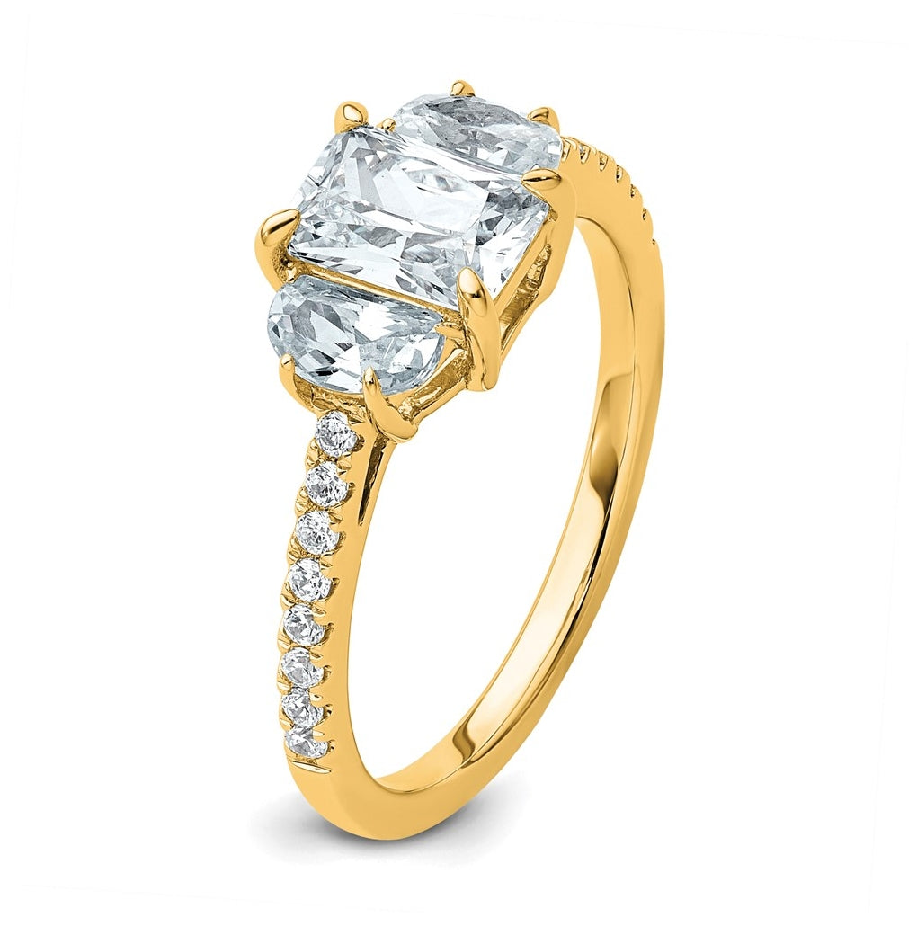 14k Yellow Gold 1 5/8 carat Certified Lab Grown Diamond VS+ F+ Radiant with Half Moon Complete Three Stone Engagement Ring