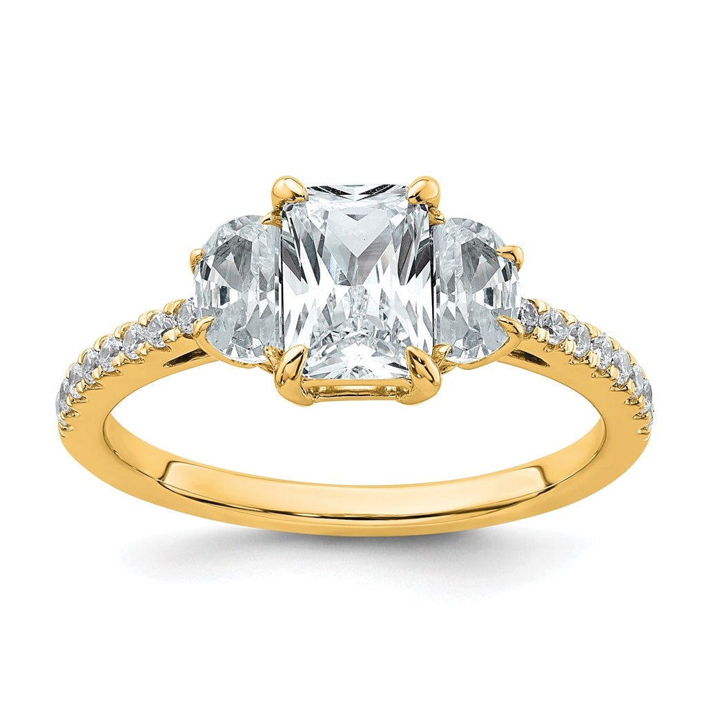 14k Yellow Gold 1 5/8 carat Certified Lab Grown Diamond VS+ F+ Radiant with Half Moon Complete Three Stone Engagement Ring