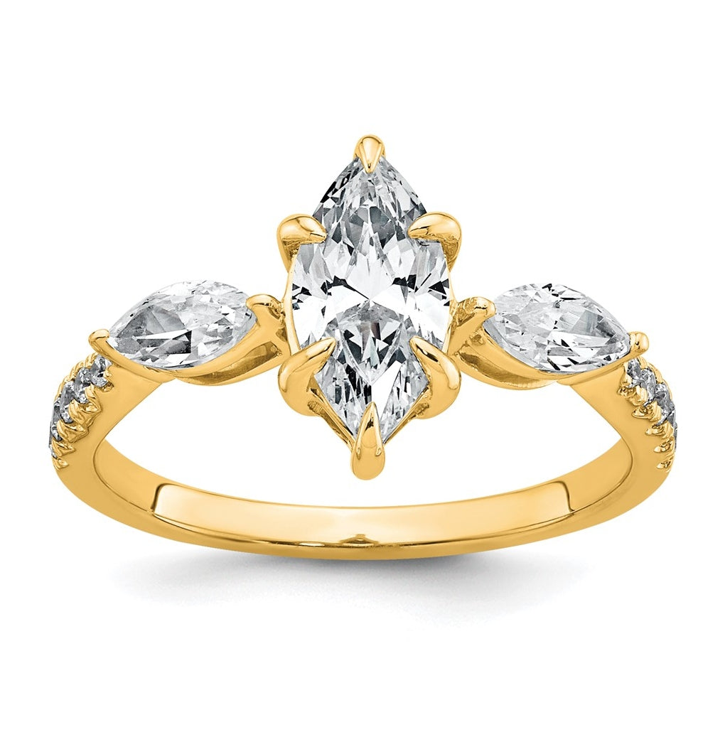 14k Yellow Gold 1 1/2 carat Lab Grown Diamond VS+ F+ Marquise Complete Three Stone Engagement Ring