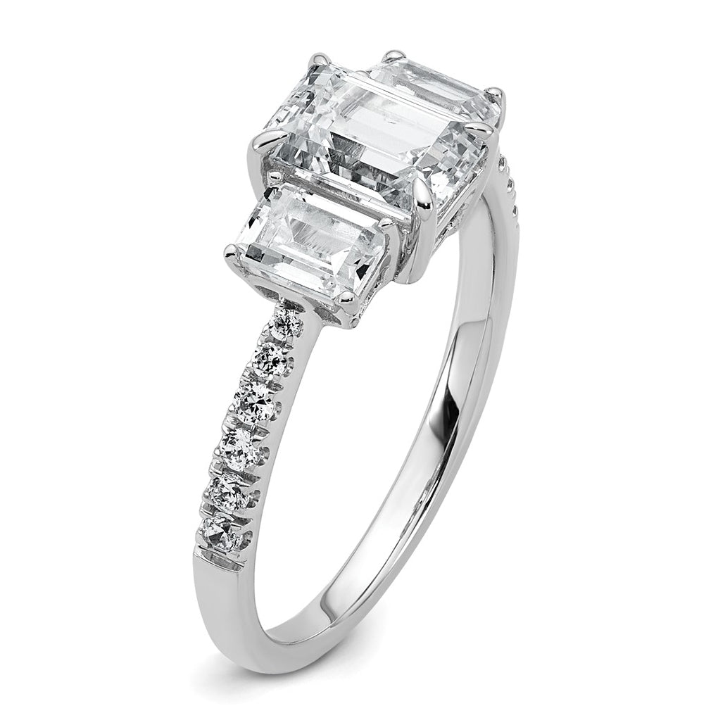 14k White Gold 1 3/4 carat Lab Grown Diamond VS+ F+ Emerald Complete Three Stone Engagement Ring