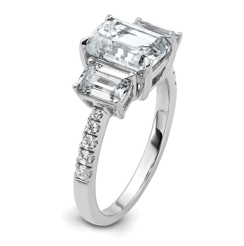 14k White Gold 3 3/8 carat Lab Grown Diamond VS+ F+ Emerald Complete Three Stone Engagement Ring