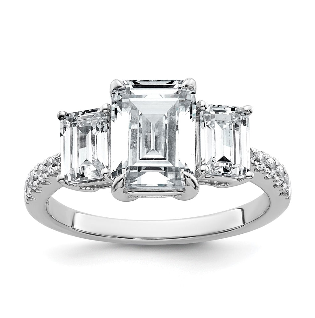 14k White Gold 3 3/8 carat Lab Grown Diamond VS+ F+ Emerald Complete Three Stone Engagement Ring