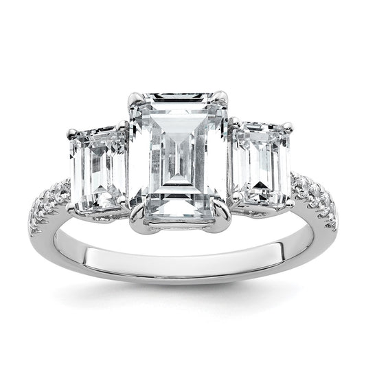 14k White Gold 3 3/8 carat Lab Grown Diamond VS+ F+ Emerald Complete Three Stone Engagement Ring