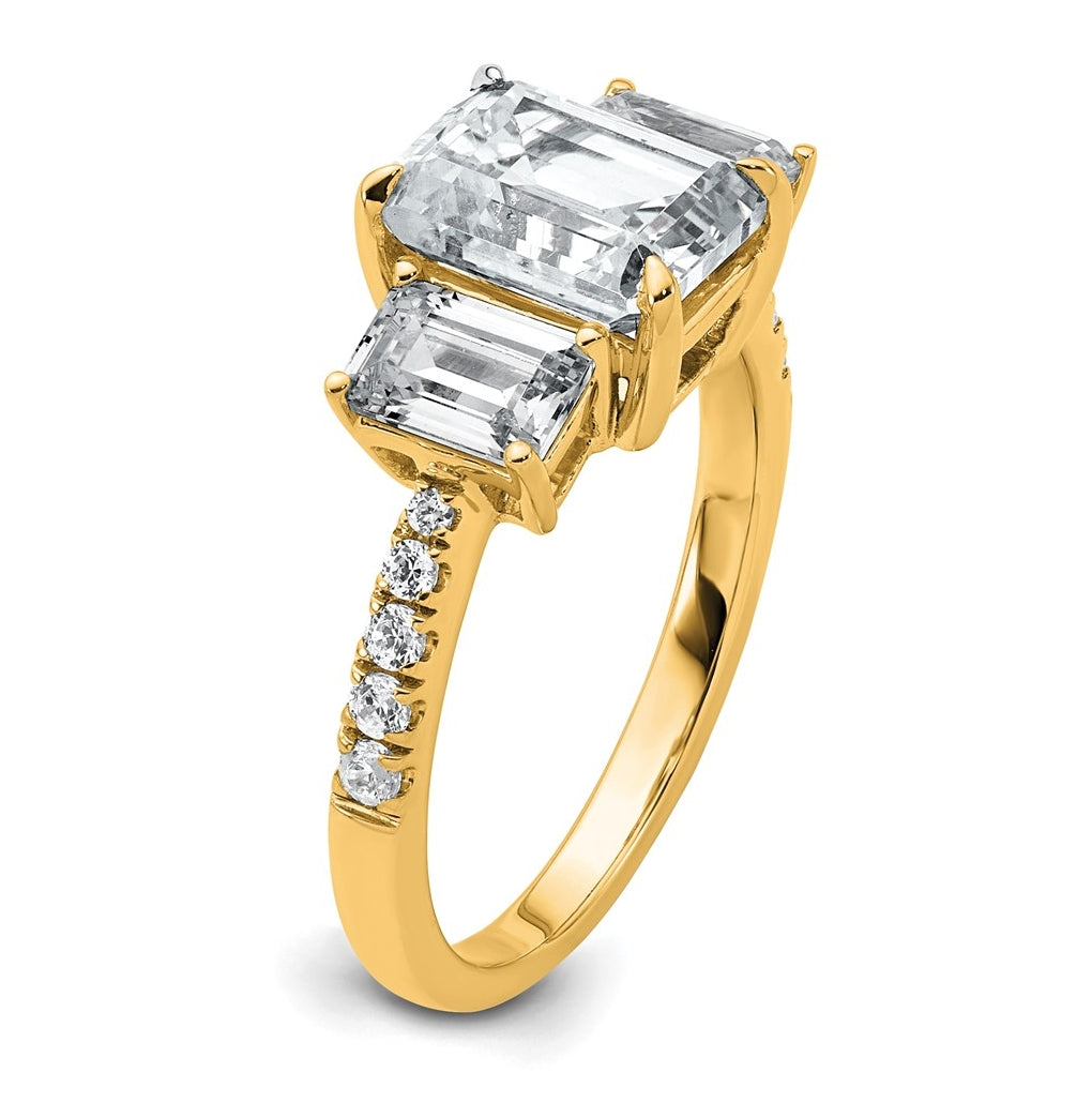 14k Yellow Gold 3 3/8 carat Lab Grown Diamond VS+ F+ Emerald Complete Three Stone Engagement Ring