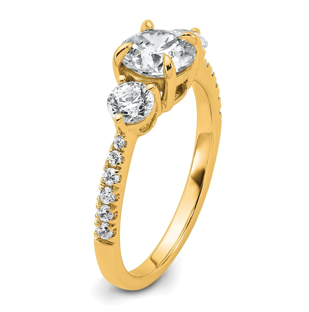 14k Yellow Gold 1 5/8 carat Lab Grown Diamond VS+ F+ Round Complete Three Stone Engagement Ring