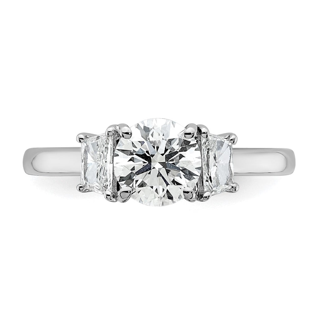14K Yellow Or White Gold Certified Lab Grown Diamond VS+ F+ Round with Trapezoid Sidestones Complete Engagement Ring