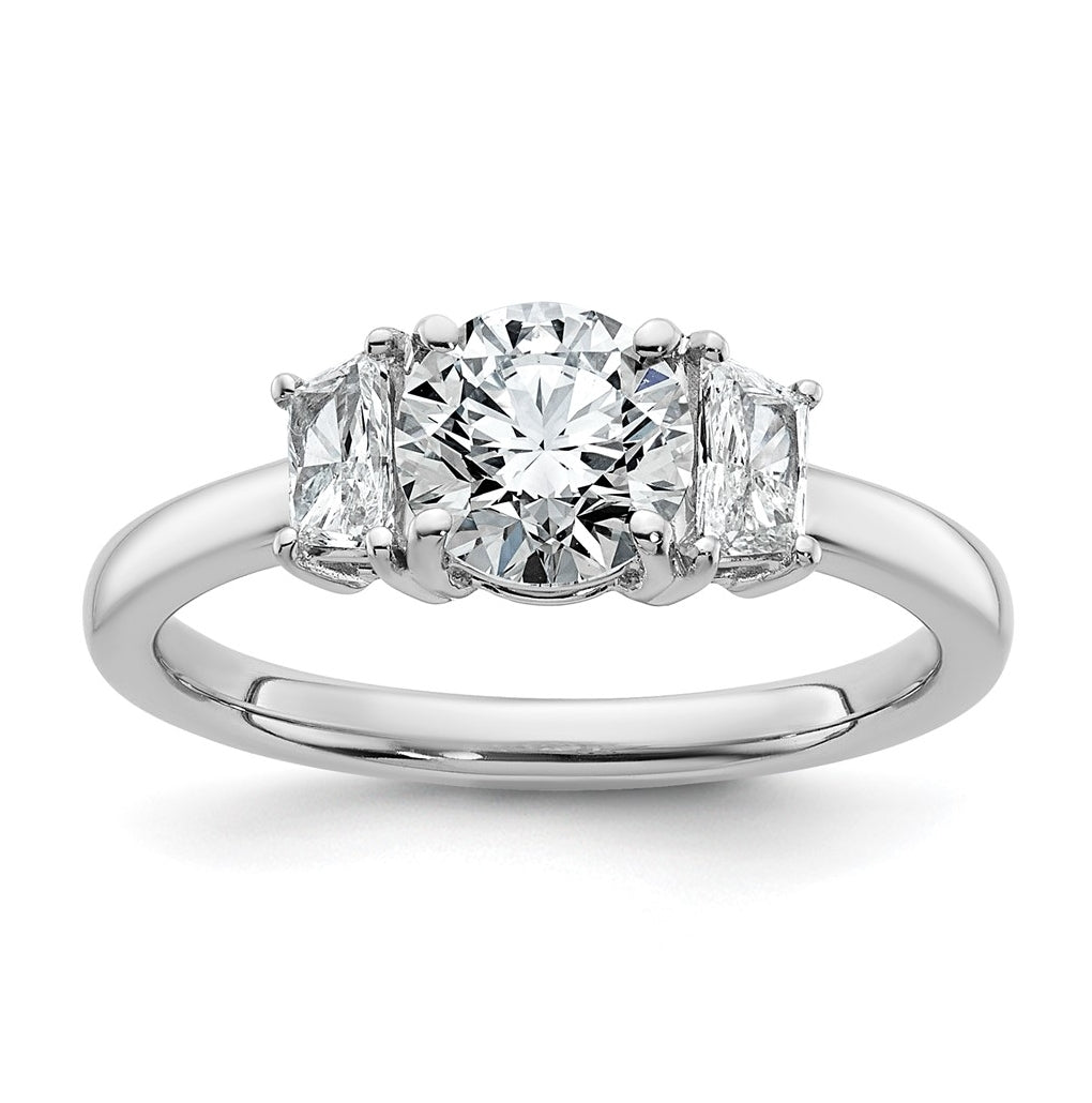 14K Yellow Or White Gold Certified Lab Grown Diamond VS+ F+ Round with Trapezoid Sidestones Complete Engagement Ring
