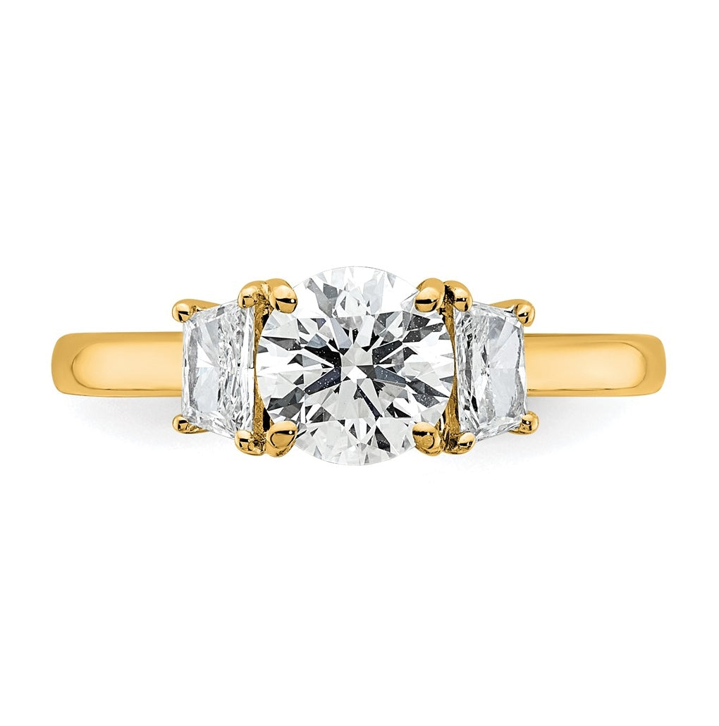 14K Yellow Or White Gold Certified Lab Grown Diamond VS+ F+ Round with Trapezoid Sidestones Complete Engagement Ring