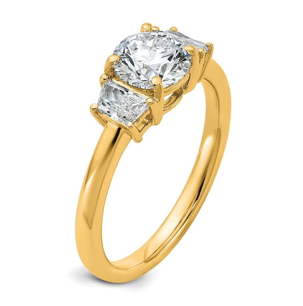14K Yellow Or White Gold Lab Grown Diamond VS+ F+ Round with Trapezoid Sidestones Complete Engagement Ring