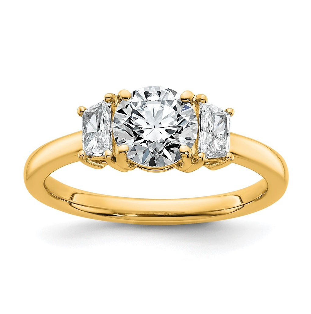 14K Yellow Or White Gold Lab Grown Diamond VS+ F+ Round with Trapezoid Sidestones Complete Engagement Ring