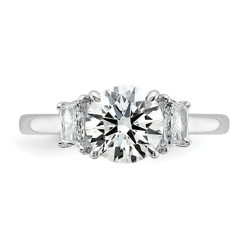 14K Yellow Or White Gold Certified Lab Grown Diamond VS+ F+ Round with Trapezoid Sidestones Complete Engagement Ring