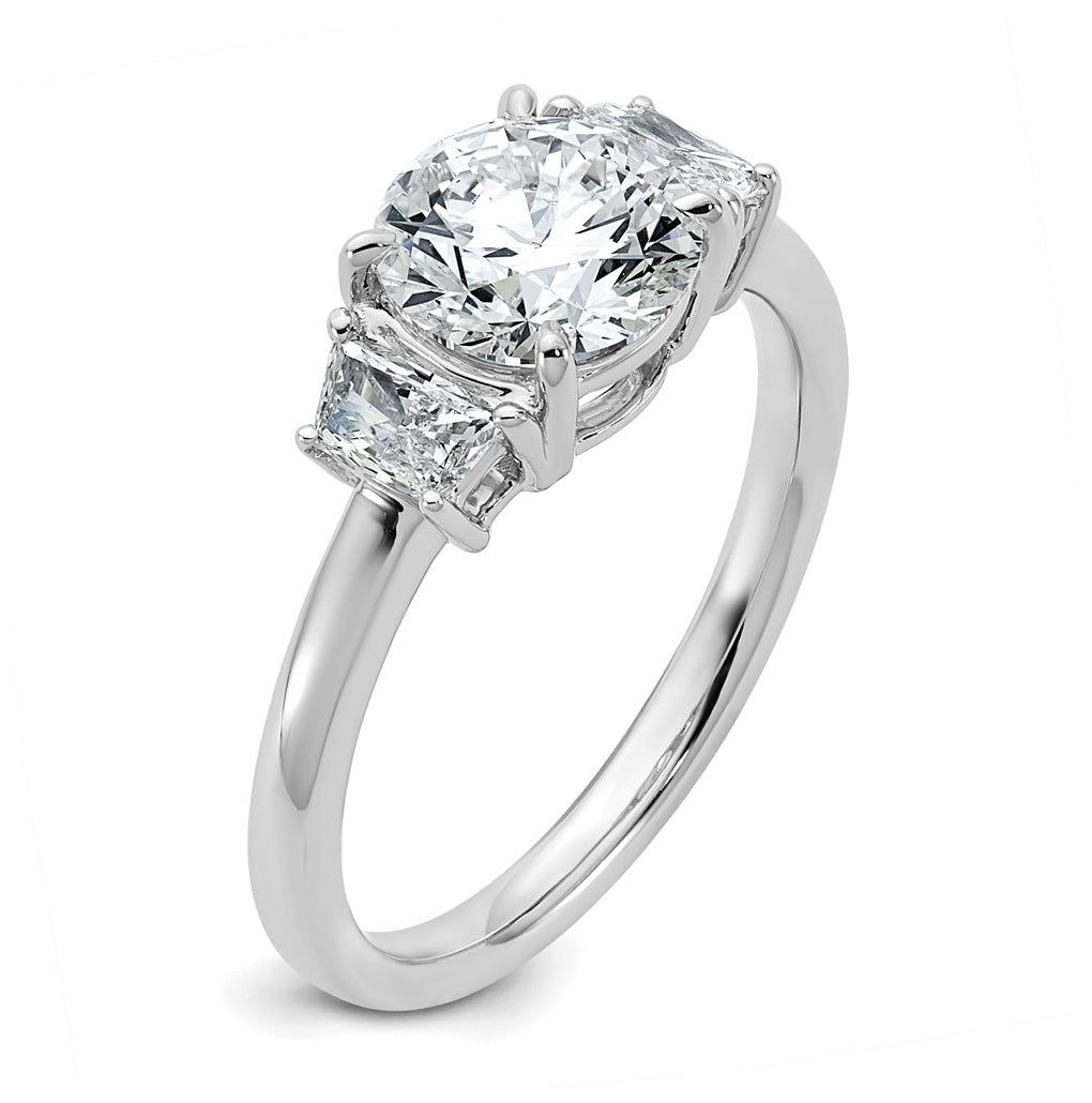 14K Yellow Or White Gold Certified Lab Grown Diamond VS+ F+ Round with Trapezoid Sidestones Complete Engagement Ring