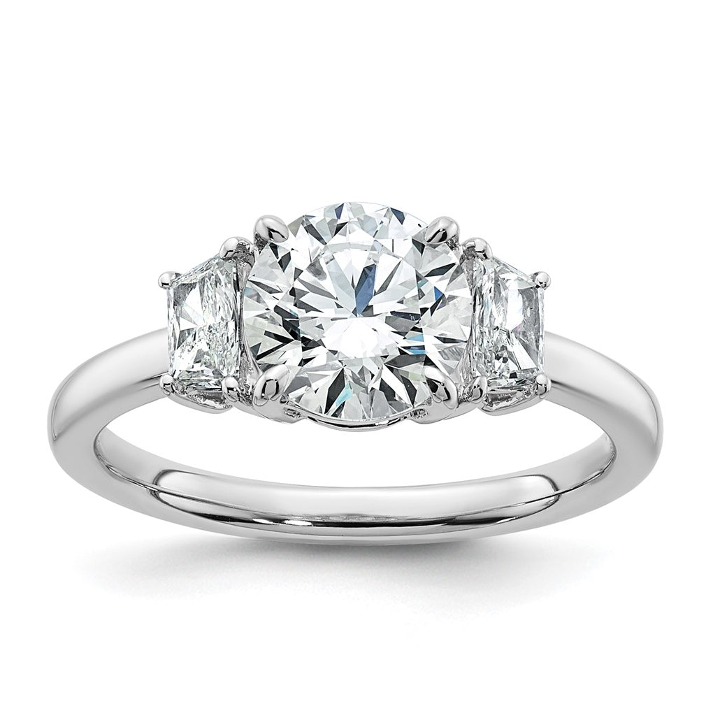 14K Yellow Or White Gold Certified Lab Grown Diamond VS+ F+ Round with Trapezoid Sidestones Complete Engagement Ring