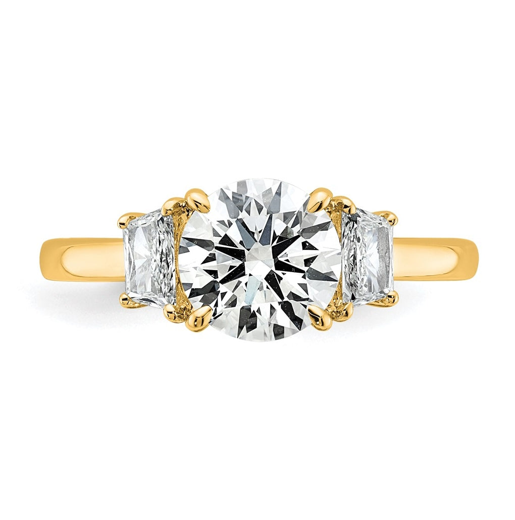 14K Yellow Or White Gold Lab Grown Diamond VS+ F+ Round with Trapezoid Sidestones Complete Engagement Ring