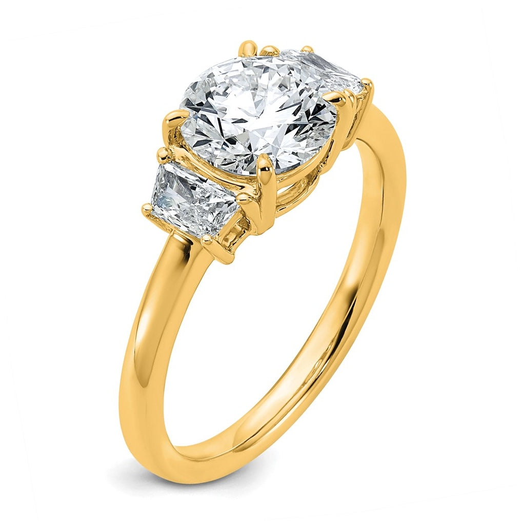 14K Yellow Or White Gold Lab Grown Diamond VS+ F+ Round with Trapezoid Sidestones Complete Engagement Ring