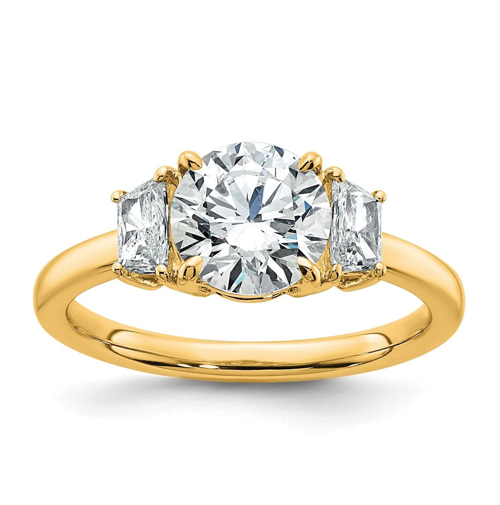 14K Yellow Or White Gold Lab Grown Diamond VS+ F+ Round with Trapezoid Sidestones Complete Engagement Ring