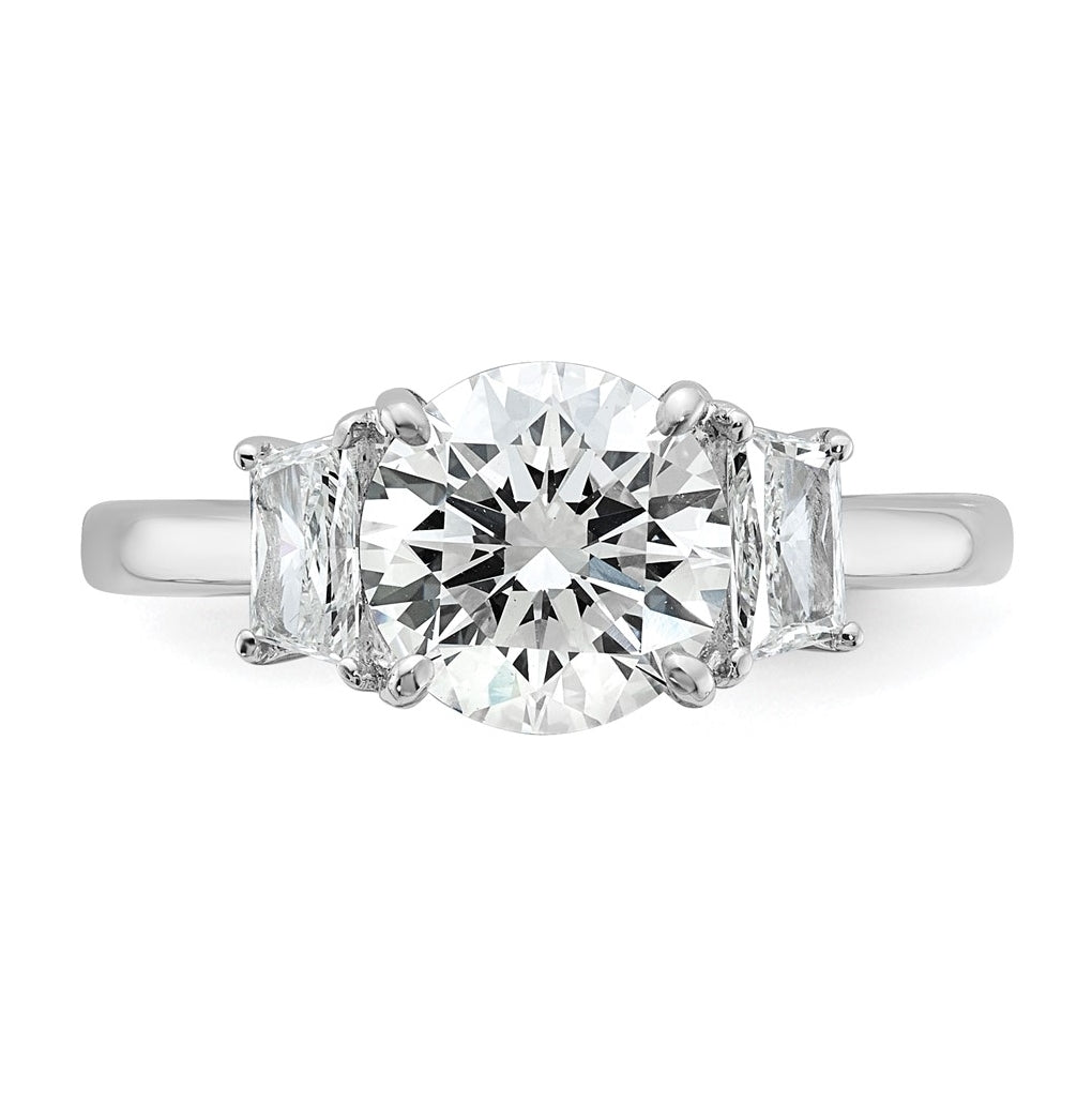 14K Yellow Or White Gold Certified Lab Grown Diamond VS+ F+ Round with Trapezoid Sidestones Complete Engagement Ring